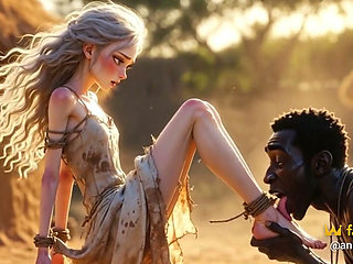 White Woman in Bondage - African Man Passionate Foot Licking