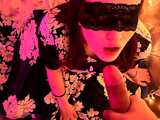 Holiday New Year blowjob from a beautiful woman in a mask and dress