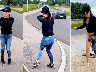 Public Pee Fail! MILF Accidentally Pisses Outside & Gets Caught by Cars
