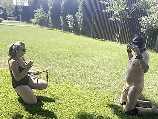 Puppy training in Dracula Femdom Castle - Outdoor doggy training - Hitting the genitals with the ball CBT