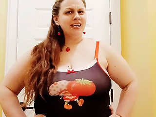 Busty curly brunette with big boobs fucks on couch
