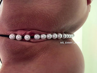Pearl Thong in Shaved Pussy Close up
