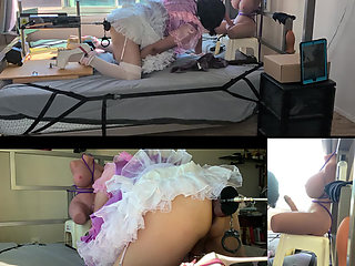 Pink Satin Sissy Maid Gets Fucked by Her Fucking Machine and Plays with Her Sex Toy Doll
