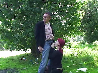 Redhead mature is draining cocks outdoor