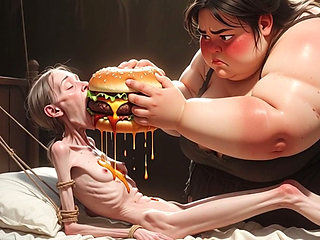 Extremely Skinny Girl Fed by Massive SSBBW - Extreme Feederism Contrast