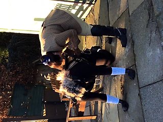 Brunette enjoys foot fetish outdoor