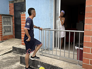 My shy neighbor plays soccer and I invite him to come to my house to give him a big welcome.