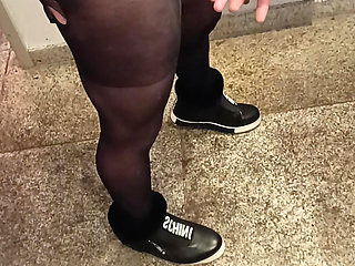 Young horny cock slut naughty guy jerks off his big cum dripping cock in girlfriend's kinky nylons