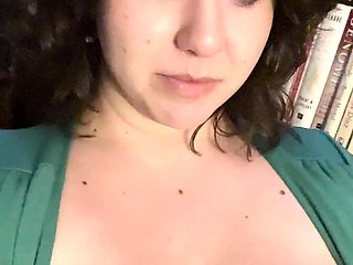 Busty curly brunette with big boobs fucks on couch