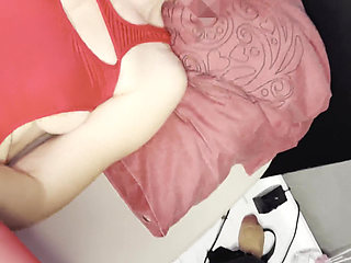 Wife in Red Mini Dress and Chastity Husband, Playing with Big Dildo