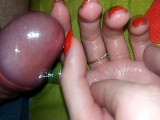 My stepsister's hand is covered in precum and then thick cum