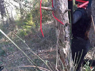 Outdoor sex in the wood. Wearing sexy clothes and high heels, bound, throated and fucked