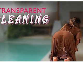 Seductive Cleaning By A Naked Brunette With A Big Ass In A Transparent Robe