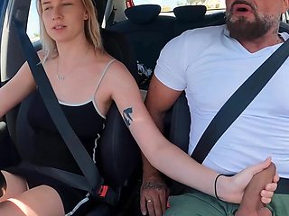 German blonde amateur teen fucks in the car and outdoors on vacation