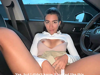 Slim Latina in tight mini allows stepbro to finger her in the car