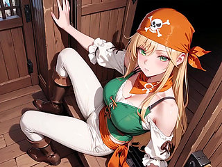 Blonde Pirate Captain! Green Uniform & Rough Ropes on a Sunny Deck. Languid Poses, Long Legs Exposed, and That Teasing Gaze