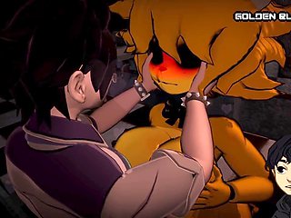 NSFW cartoon with busty milf featuring FNaF Foxy and Chica