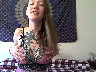 Busty curly brunette with big boobs fucks on couch