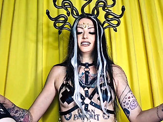 Halloween Pegging: Medusa Dominatrix Fucks Slave in Chastity Belt with Strap-On