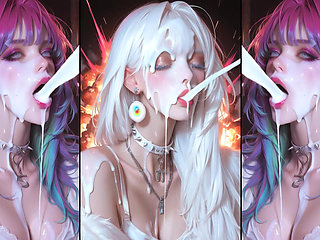 Anime characters get their faces thoroughly covered in cum.