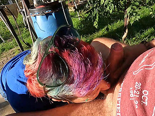 Outdoor Ball Sucking Blowjob with Cum in Mouth in the Garden