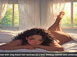 A woman with long black hair reclines on a bed, looking relaxed and contemplative.