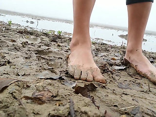 Stepping in Mud Barefoot - Dirty Feet and Jerk off and Stepping on Own Cum at the End