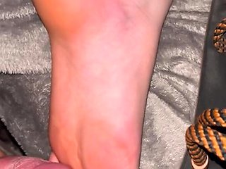 Kinky guy rubbing cock on sleeping wife's smooth soles