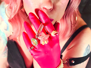 Super Delicious Tina Snua In Pink Latex Gloves & Jewellery Lights Up A Cig & Smokes For Her Fans!