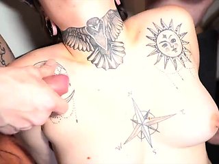 Tattooed slut gets served double doses of cock and cum