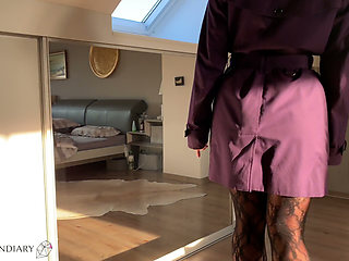 Bitch in trench coat gets ass-fuck ends with condom off