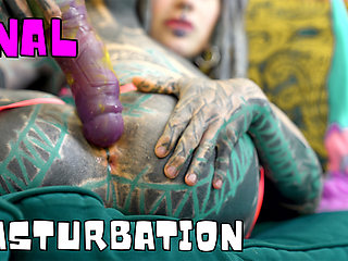 Tattooed Solo Girl Pushing Anal Toys in Lingerie