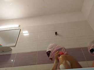 Amateur couple takes a bath, wife with hairy pussy, big ass, big tits.