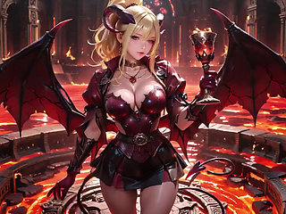 Lava Throne! Blonde Demon Queen Kneels & Spreads Her Wings, Lazy Tease with a Glass.