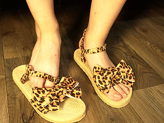 Feet in New Sandals with Slow Walking and Foot Close-ups