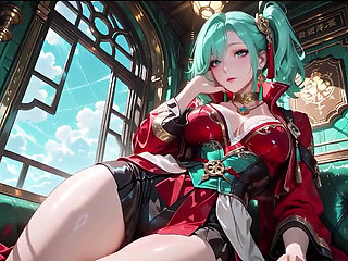 The Red-clad Blade's Private Tease! Green-haired Warrior in a Black-red Battle Robe, Commanding yet Shy on the Floating Terrace.