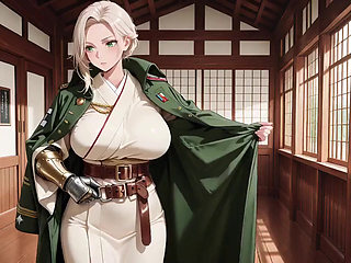 Blonde Knight's Afternoon! Green Uniform Golden Mechanical Arms, Lazily Contemplating in Ancient Stone Ruins.