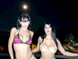 Sexy Buxom Bootylicious Babes Suck the Jock's Cock On the Balcony & Share It In Hot 3-some Indoor