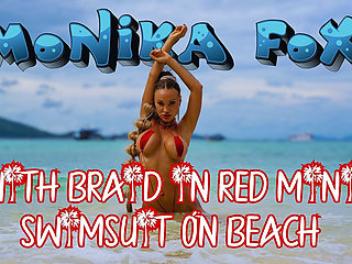 Hot Monika Fox with Braid in Red Mini Swimsuit on Beach!