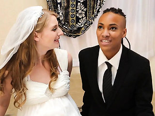 Ebony and Blonde Lesbians in Strapon Wedding Night Fun