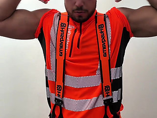 Tyler Blake HiVis workwear, muscle flex, dildo play, jerking off in gear.