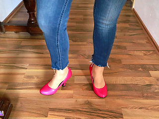Pink Heels on Wood - Seductive Clicking and Jeans Tease Asmr