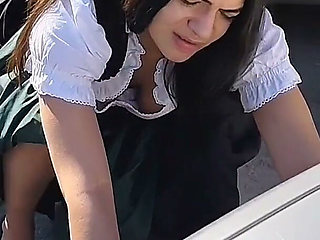 Dirndl Slut Gets Dirty and Oily Changing Tires