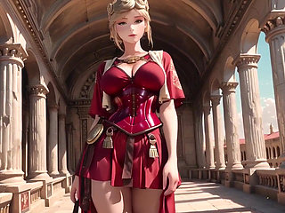 Red Armor Queen! Gaze in the Roman Corridor, Skirt Lift Reveal, Hand on Lips Teasing You...