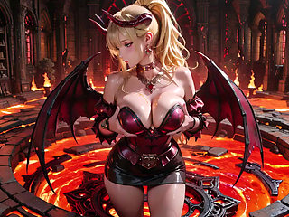 Lava Throne! Blonde Demon Queen Kneels & Spreads Her Wings, Lazy Tease with a Glass.