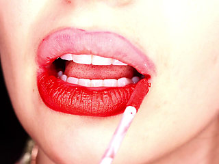 4K Applying red lipstick and smoking hookah on black background