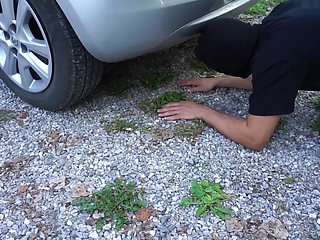 Femdom chick wants to punish him outdoor