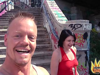 Mini Hotcore, Bodo, acrobatic, brunette, couple, doggystyle, handjob, outdoor, public, pussy, street