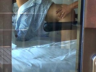 Caught neighbors having sex through open window, blowjob, cowgirl, doggy style with cumshot on the ass