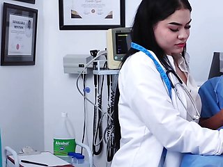 Arab female doctor examines young guy's sexual response and changes in his penis with a penis pump